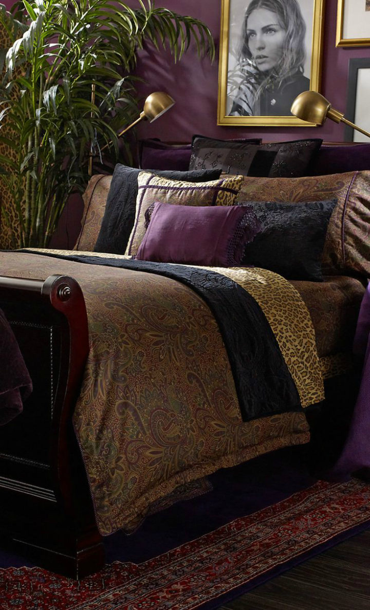 glam bedroom decor with purple details